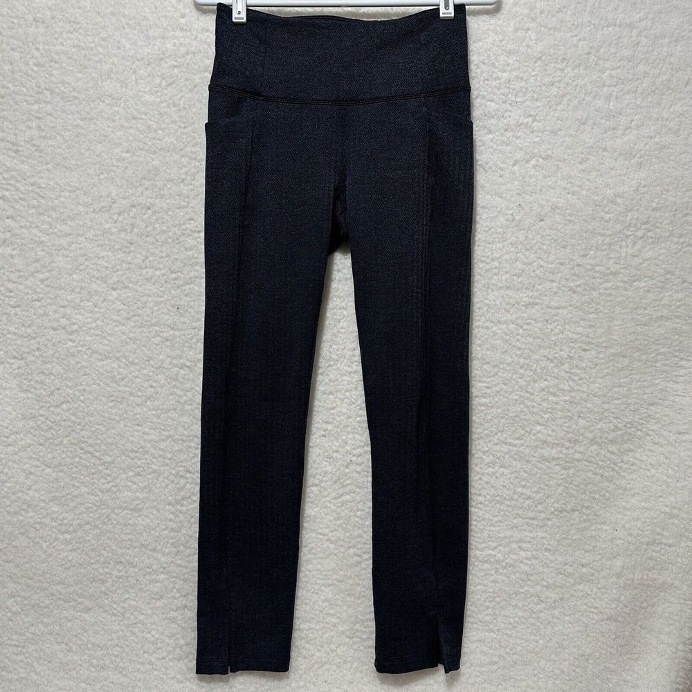 Athleta Pants Herringbone Mercer Yoga Pants Leggings Navy Blue Ankle Slit Sz XS